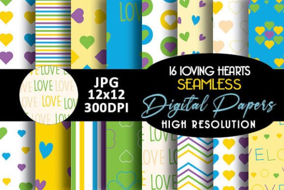 Blue Yellow Loving Hearts Digital Papers